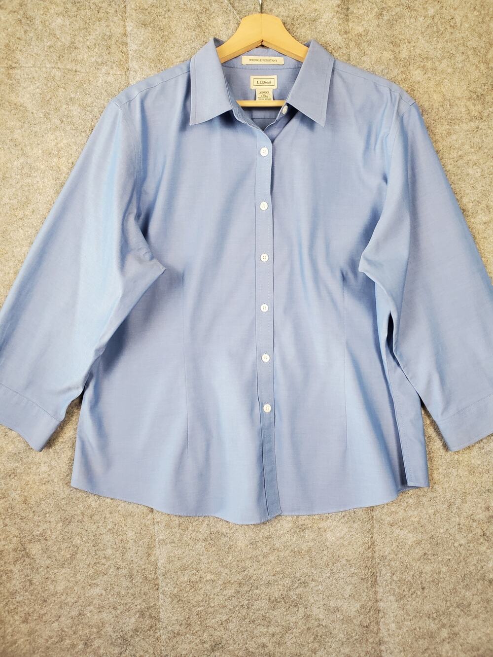 Women's L.L. Bean XL Blue Cotton Wrinkle Resistant 3/4 Sleeve Blouse